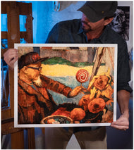 Artist Sean Diediker holding fine art print Candyman