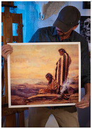 Utah artist Sean Diediker holds a print of his work "The Ones Who Wait" inspired by Ute natives as shown on Canvasing The World season 1 on American Public Television.