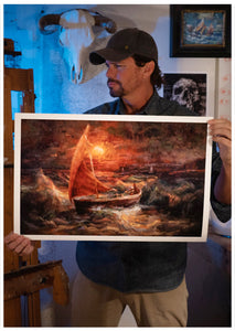 Painter Sean Diediker holds a museum quality print on Cotton Rag of the Art Sherlock, based on the Sydney episode of Canvasing the world with Sean Diediker. 