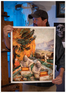 Artist Sean Diediker holding a print of The Keepers, inspired by beekeepers in Santa Barbara California USA. You can buy Sean Diediker prints at CTWgallery.com