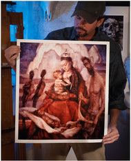 Painter Sean Diediker holding a copy of "The Stolen Generation" as shown on Canvasing The World. Inspired by Aboriginal culture of Blue Mountains Australia.