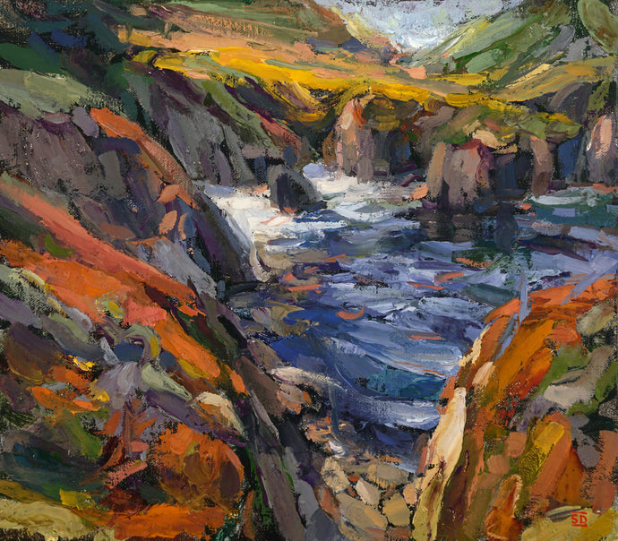 Landscape of Big Sur Coastline with broad sweeping impressionist strokes. Painted by Sean Diediker as part of Canvasing The World TV show.