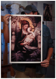 Canvasing The World host and artist Sean Diediker holds a print of his artwork "The Bird Doctor" available to purchase on CTWgallery.com