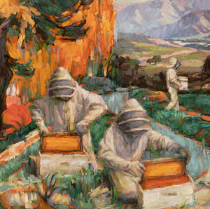 Contemporary artist Sean Diediker's work "The Keepers" oil on canvas original painting inspired by beekeepers in Santa Barbara California America USA