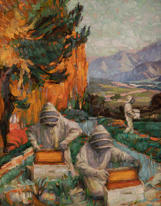 American artist Sean Diediker's work "The Keepers" oil on canvas original painting inspired by beekeepers in Santa Barbara California America USA