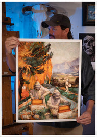 Artist Sean Diediker holding a print of The Keepers, inspired by beekeepers in Santa Barbara California USA. You can buy Sean Diediker prints at CTWgallery.com